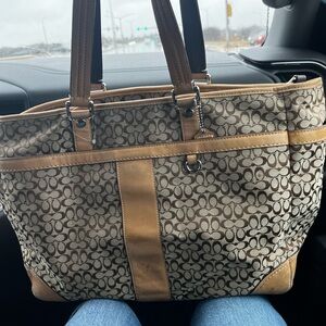 Coach Tan Signature Canvas Tote with Leather Trim
